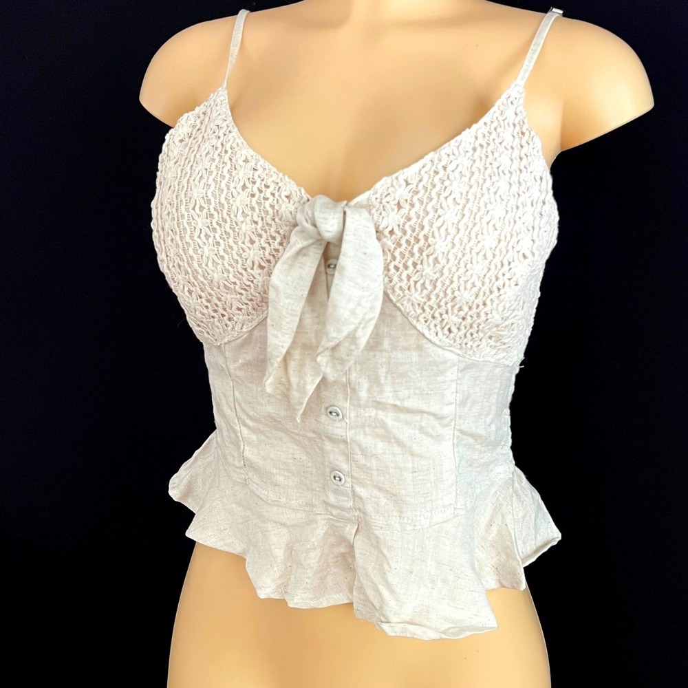 Japna Camisole Top Medium Crochet Lace Linen Tie Front cottage Mildmaid Boho
